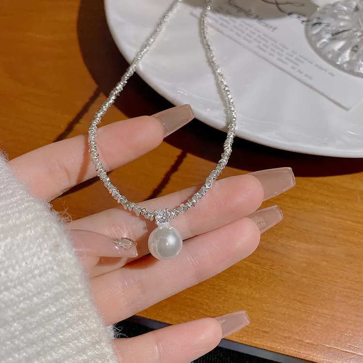 铜陶瓷吊坠 法式复古碎银子珍珠项链女轻奢小众简约设计感锁骨链