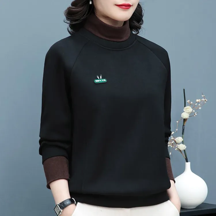 法劳格加绒加厚卫衣女黑色高领2025秋冬新款中年大码妈妈内搭打底