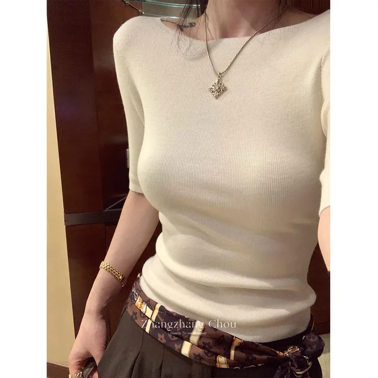 纯色中袖羊毛混纺针织衫女早秋百搭修身显瘦法式气质内搭打底上衣