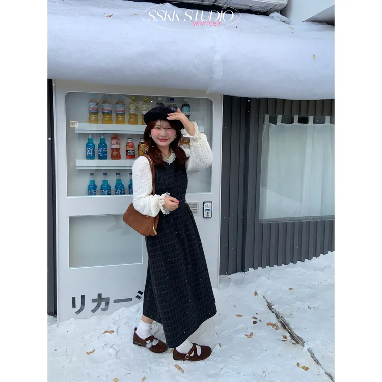 KMZY/KMZY山_山【韩漫熟女】微胖复古格纹花边领假两件松紧腰连衣裙