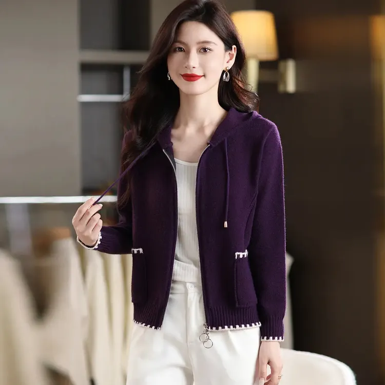 连帽拉链针织衫外套女秋季2025新款女装大码休闲时尚百搭毛衣开衫