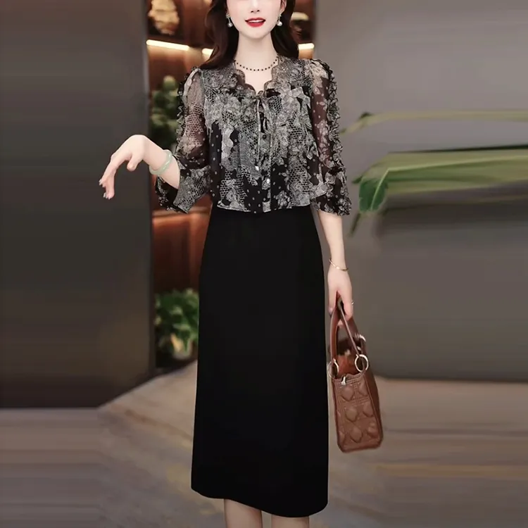 琉璃丝气质轻奢女装2025春秋新款时尚洋气修身显瘦假两件连衣裙子