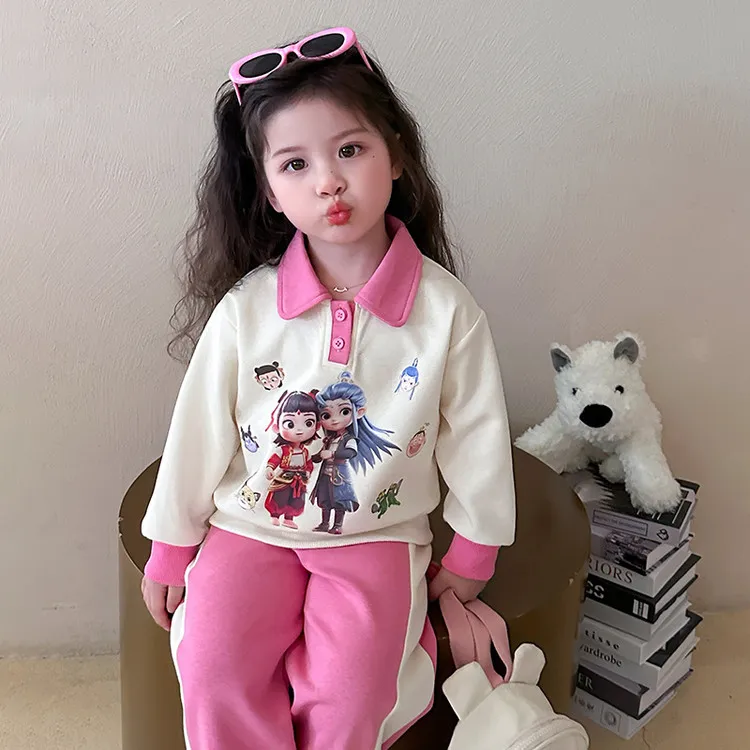 哪吒休闲套装儿童春秋洋气长袖小童女童印花女宝翻领卡通