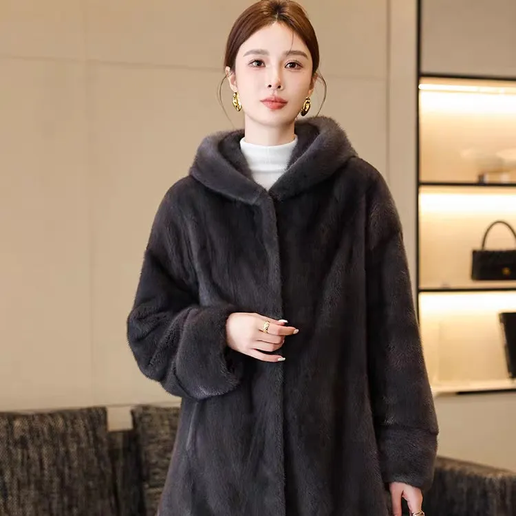 金标冬季毛毛外套女新款连帽毛茸茸大衣皮毛一体加厚洋气上衣宽松