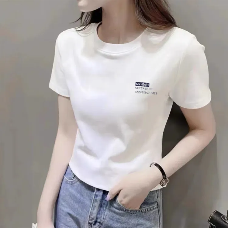 正肩白色短袖t恤女2025年夏季新款修身大码体恤时尚百搭印花上衣