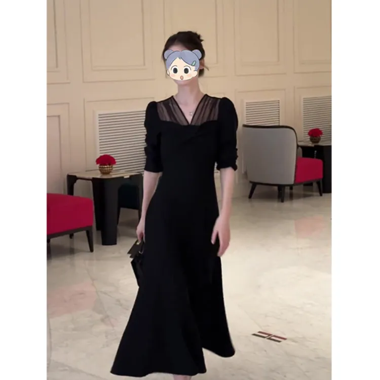 2025秋季新款高级感法式裙子内搭长裙高端气质黑色长袖连衣裙女装