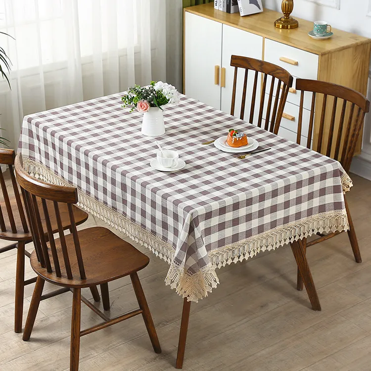 格子茶色桌布四季通用优雅格子透气台布客厅茶色柔软