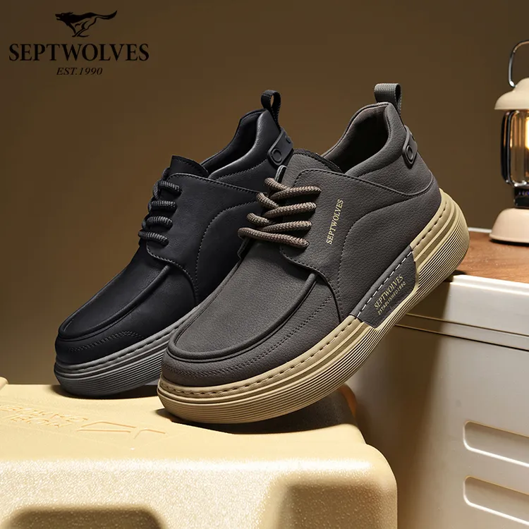 七匹狼男鞋耐磨圆头系带英伦风减震休闲皮鞋秋季黑色鞋子防滑高帮商品图