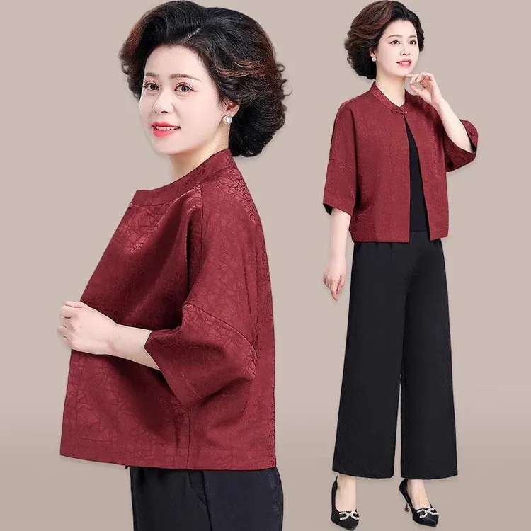 罗蒙新中式妈妈春夏套装新款中老年人女高贵喜婆婆外套贵夫人上衣