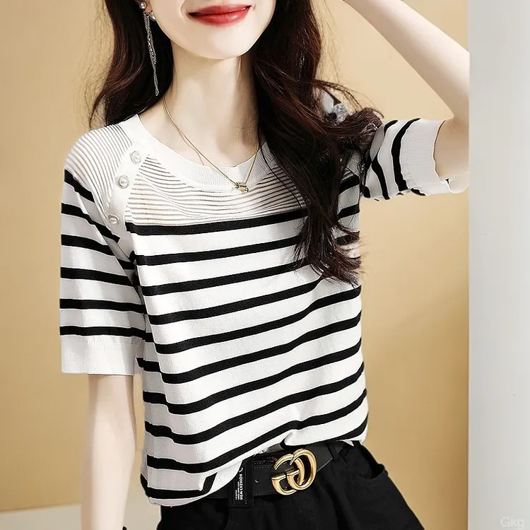 黑白条纹韩版针织衫欧货减龄显瘦冰丝上衣百搭圆领套头打底衫T恤