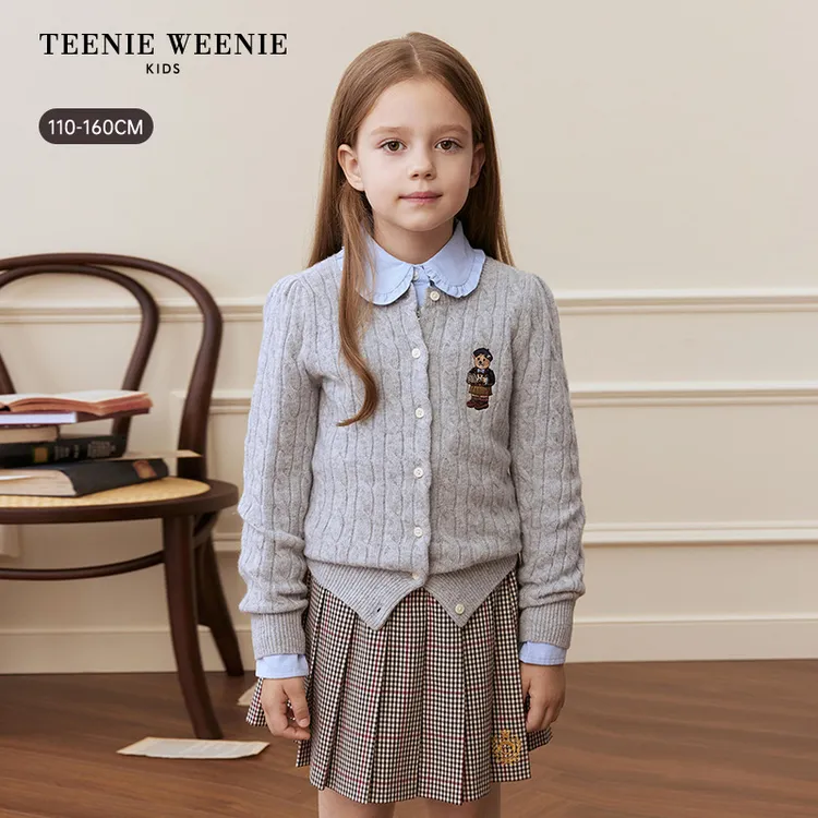 【达人专属】TeenieWeenie Kids小熊童装女童亲子绞花羊毛开衫TKCK258961I