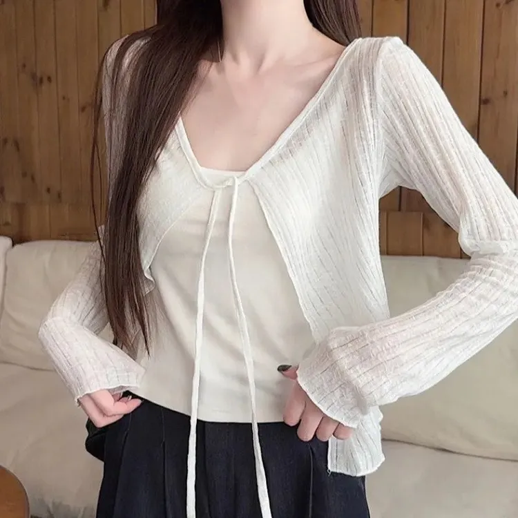 夏季薄款防晒衣长袖t恤短款时尚百搭镂空系带V领上衣开衫外套女潮
