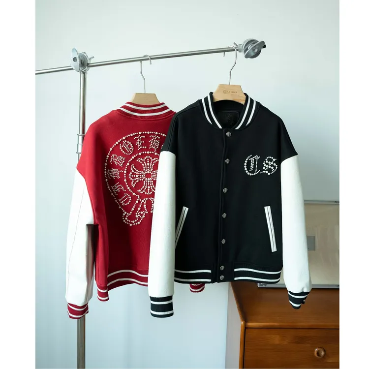 One 19 日系时尚通勤风秋冬棒球服拼接、钉珠加绒拼色刺绣