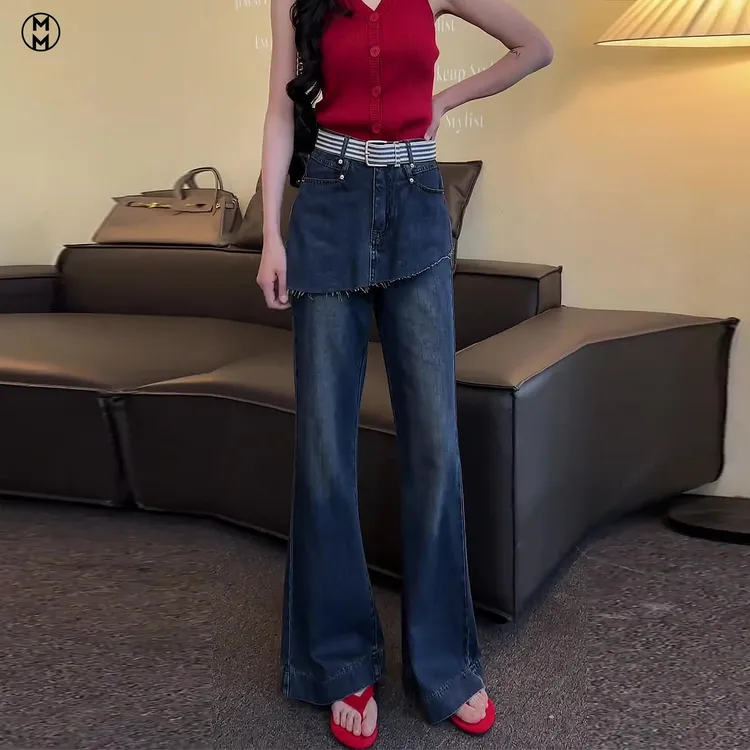MM独特别致复古弯刀牛仔裤女夏薄款小个子高腰显瘦宽松假两件喇叭