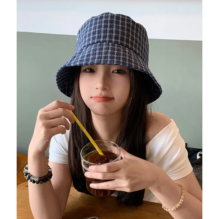 韩国东大门新款渔夫帽女日系格子盆帽休闲百搭夏季遮阳防晒帽子