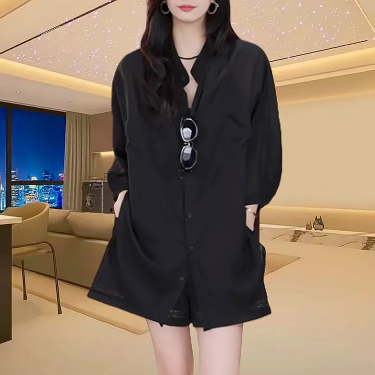 夏季新款休闲八分袖防晒衬衫女侧开叉韩版宽松慵懒风开衫外套上衣