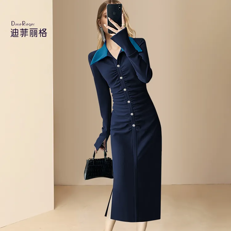 迪菲丽格气质女神范法式连衣裙2025年秋季新款高级感开叉包臀裙子