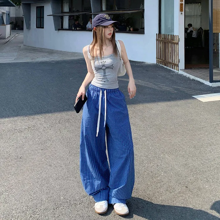 橙绢女装#蓝色格子高腰休闲裤女夏季薄款抽绳宽松百搭显瘦阔腿裤