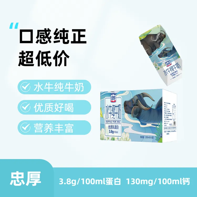 忠厚水牛奶200ml*6瓶3.8蛋白130mg钙学生老人纯牛奶