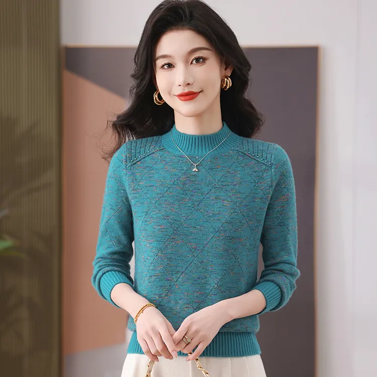 秋冬季新款针织套头女衫七彩花纱复古时尚休闲减龄洋气百搭上衣