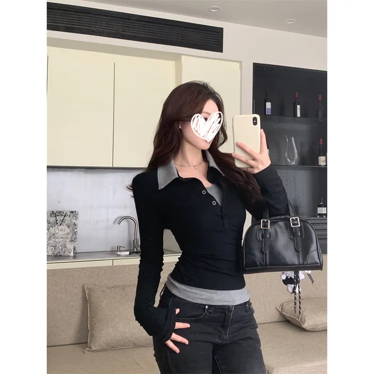 辣妹时尚百搭气质假两件拼接撞色翻领长袖T恤修身显瘦打底女上衣