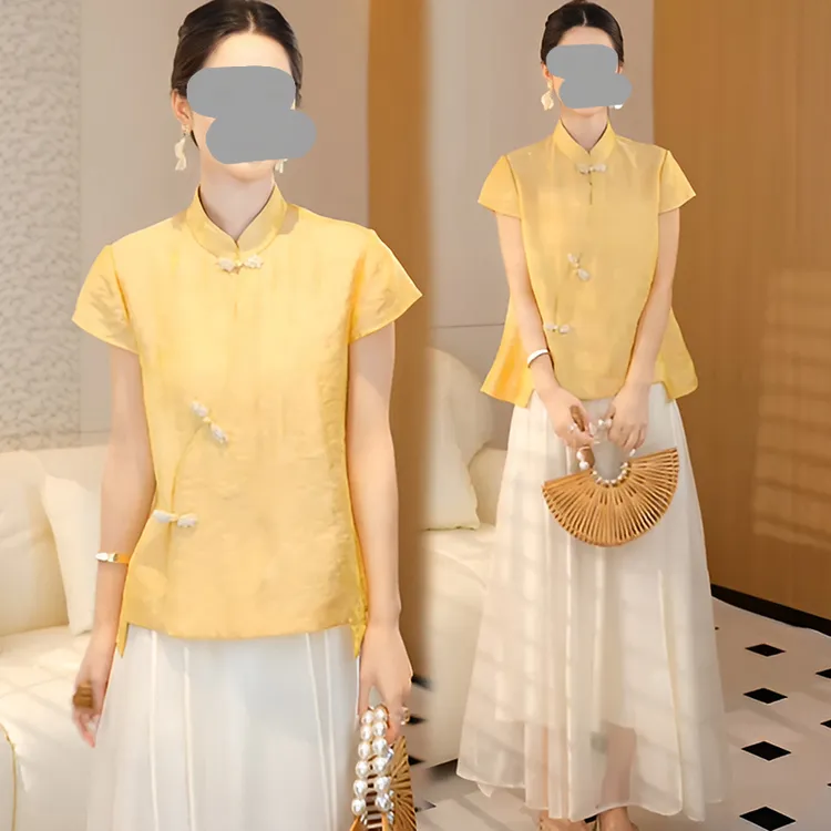 新中式短袖斜襟盘扣衬衫2025夏季新款国风气质立领复古黄色上衣女