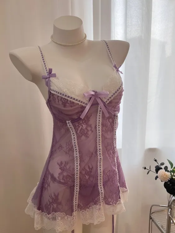 泡泡星球条纹女性感V领睡裙纯欲风镂空女士紫色蝴蝶结蕾丝吊带裙