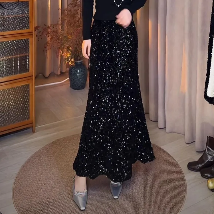 纯色亮片鱼尾裙女秋冬款高腰设计感小众松紧腰显瘦半身裙中长裙