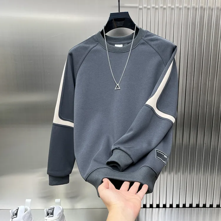时尚帅气拼接袖男士长袖套头体恤秋冬高档内搭卫衣青年痞帅打底衫