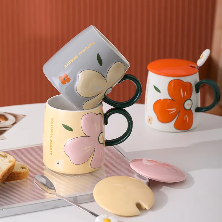 复古花朵杯子女士高颜值陶瓷马克杯带盖勺浮雕设计家用咖啡喝水杯