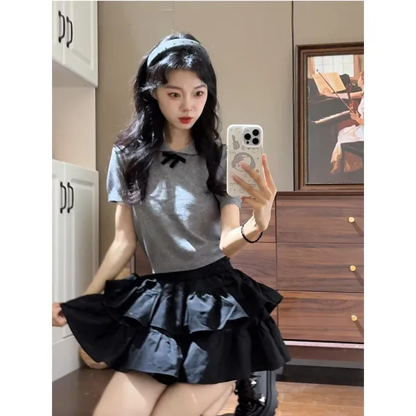 灰色娃娃领蝴蝶结针织短袖T恤法式掐腰别致小上衣女夏季2025新款