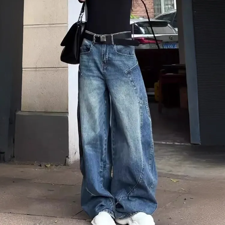 大码美式高街弯刀牛仔裤女设计感百搭宽松显瘦高腰休闲拖地裤子潮