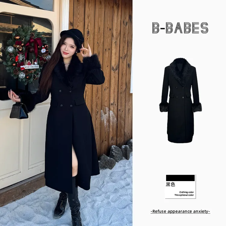 B-babes【墨羽柔】大码赫本夹棉收腰双排扣可拆卸毛领长款西装外套
