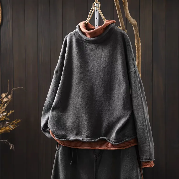 毛衣女秋冬高级感2025新款羊毛撞色半高领大码假两件拼接套头毛衫