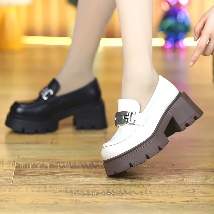 真皮厚底乐福鞋女春季新款粗跟一脚蹬小皮鞋休闲英伦复古风高跟鞋