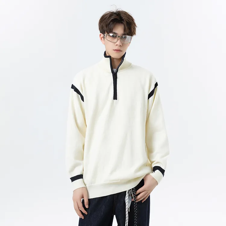 美式复古半开领撞色条纹半拉链针织衫男2025秋款潮流毛衣长袖上衣