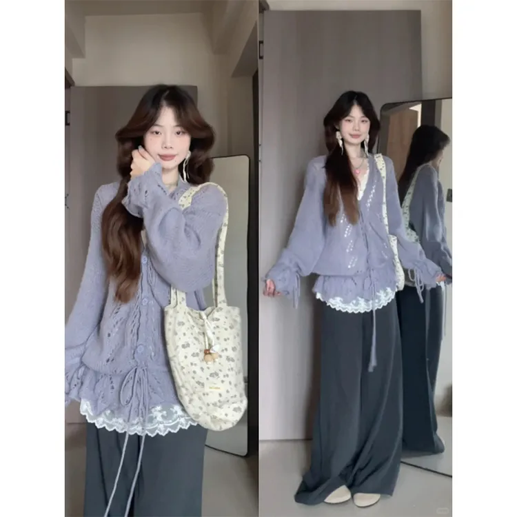 韩系ins早秋慵懒风粉色镂空针织衫宽松显瘦长袖上衣休闲阔腿裤子