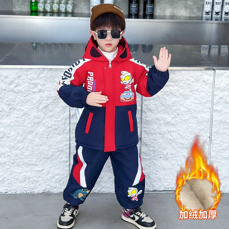 男童加绒套装2025新款宝宝冬装儿童冲锋衣加厚男孩帅气两件套潮