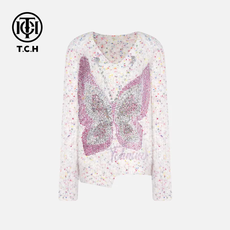 TCH私服秋冬慵懒风烫钻时尚淑女白色针织衫T75C09E1150轻奢tch