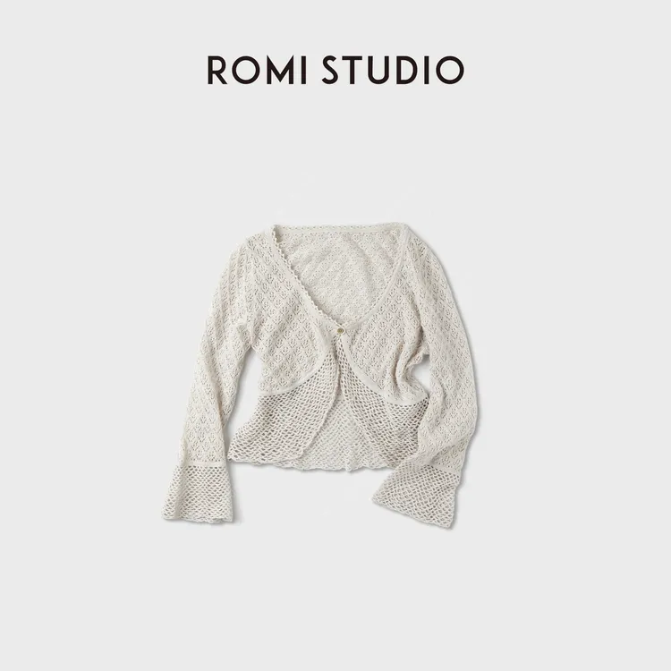 ROMI STUDIO"清新复古"汉麻手工钩织镂空V领开襟毛衫 RWCAST4696