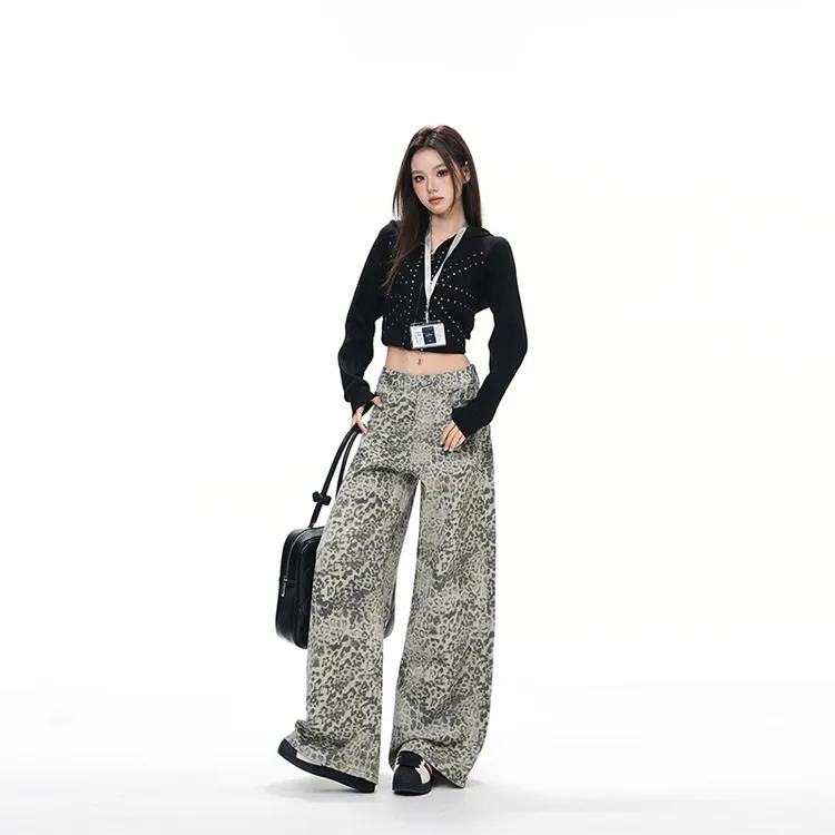 美式秋冬复古高腰宽松阔腿裤豹纹弯刀裤百搭秋冬垂感镰刀牛仔裤女