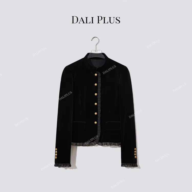 DALI PLUS“100真丝黑金丝绒外套”编织纽扣花边长袖外套-D5ST1322
