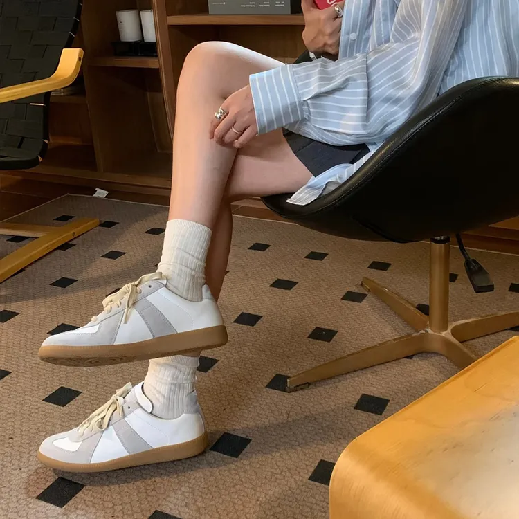 真皮德训鞋女2025夏复古休闲鞋百搭小白鞋透气板鞋平底单鞋