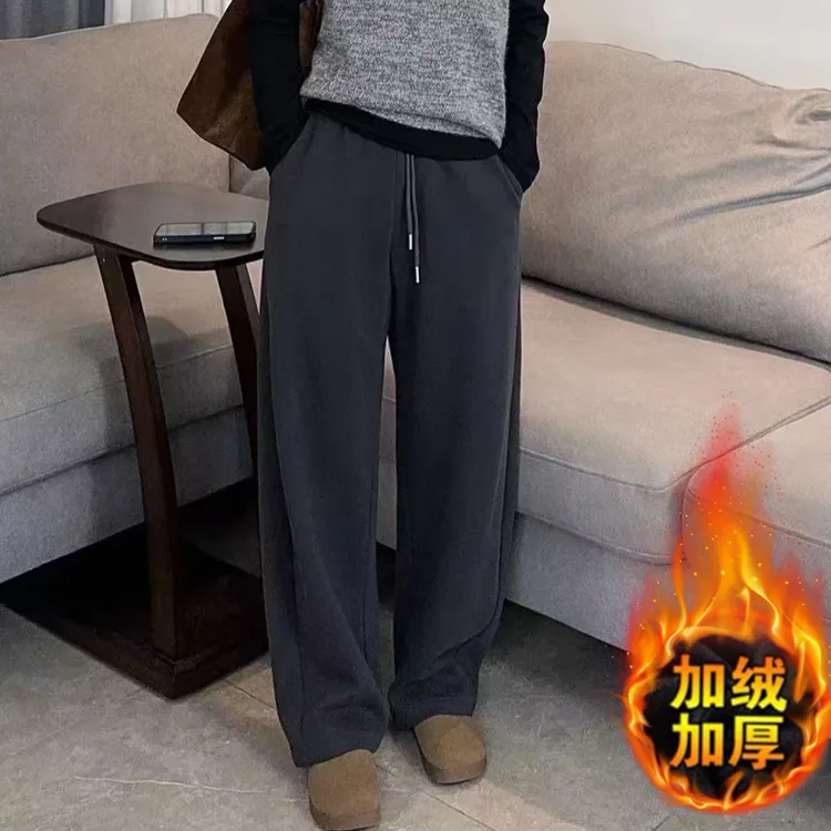 加绒抽绳弯刀卫裤女秋冬高腰慵懒风宽松运动裤休闲阔腿裤微弯刀裤