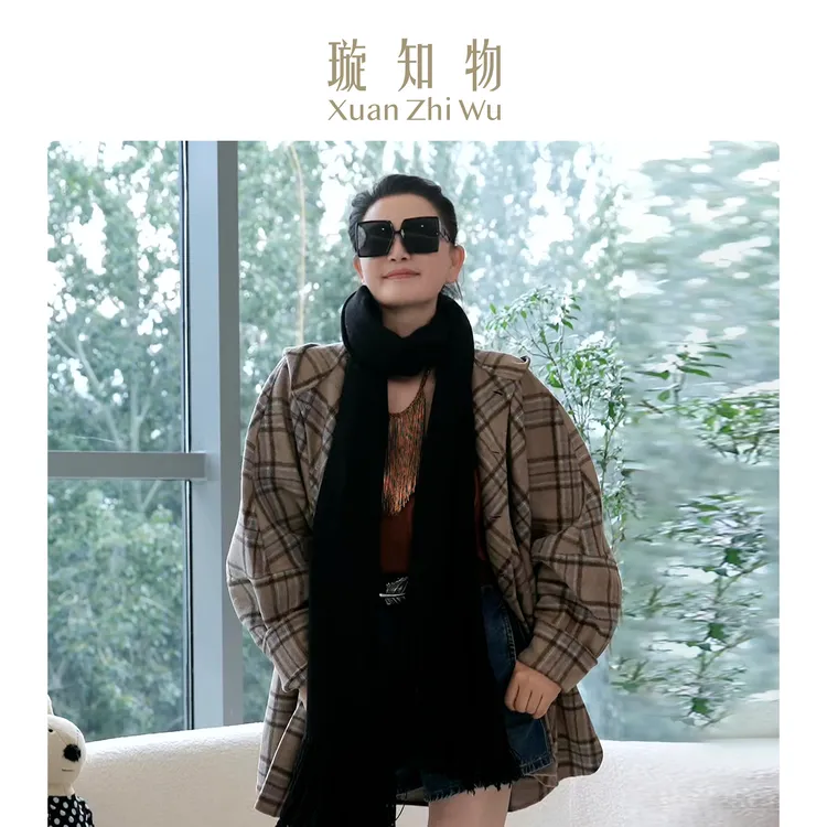 京都连帽大衣 时尚休闲格子气质王璇原创设计