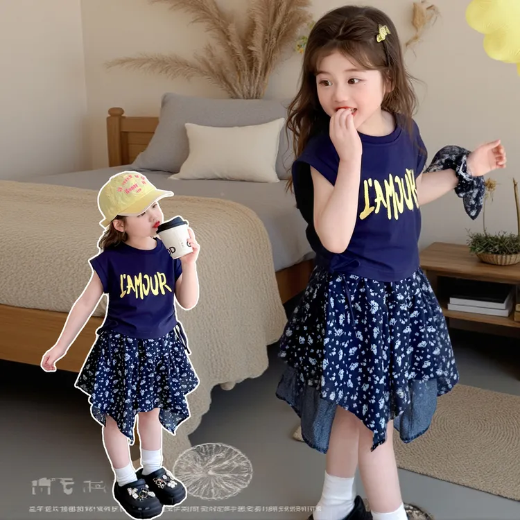 女童夏季时尚潮流网红公主裙子夏季韩版套头碎花童装女套装女孩