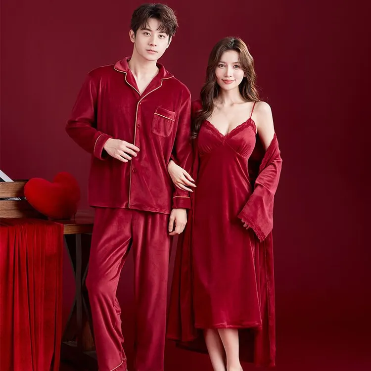 大码红色情侣睡衣男士长袖婚礼新娘晨袍金丝新婚秋冬季喜庆家居服