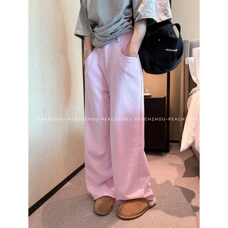 『PEACHZHOU』樱花粉基础松弛毛圈卷边宽松系扣休闲裤百搭阔腿卫裤