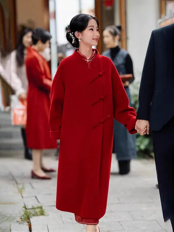 中式国风双面羊毛大衣女中长款结婚喜庆羊毛呢外套