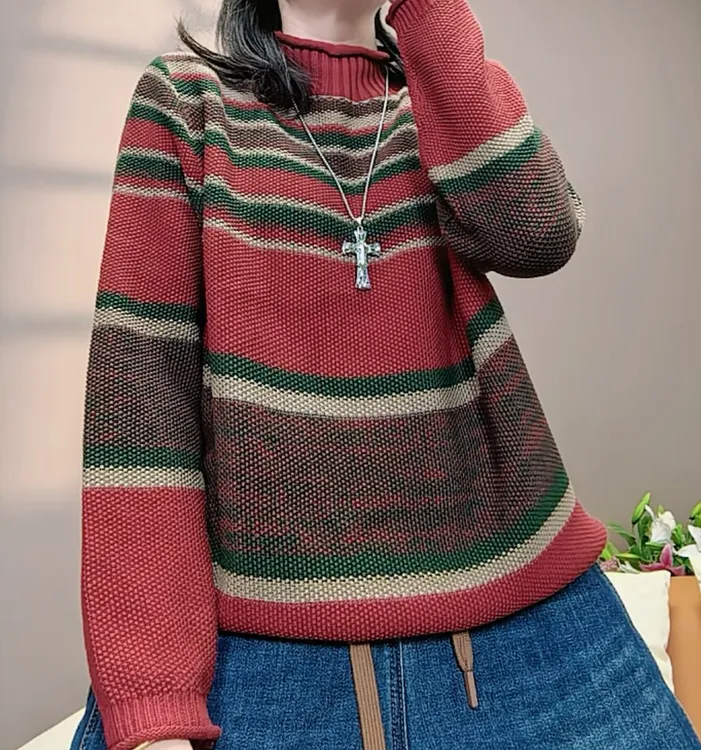 艾欣蕊2549 胖mm 加肥加大 秋冬半高领条纹几何 棉线针织百搭休闲